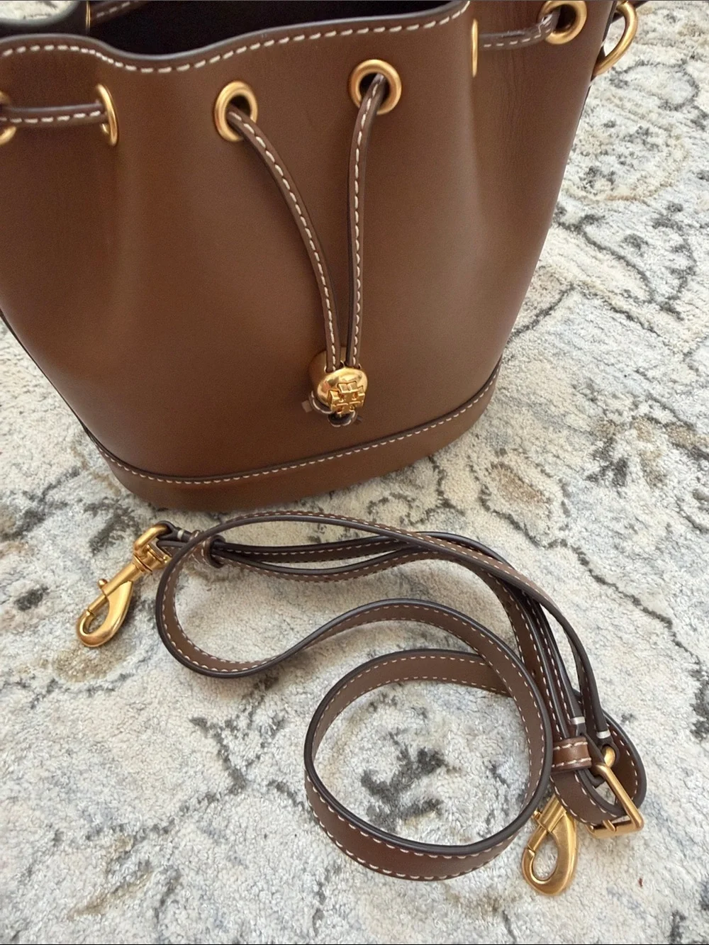 Tory Burch Classic Brown Leather Bucket Bag with Gold Hardware